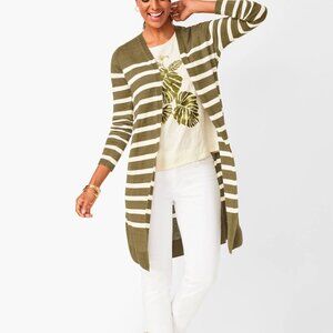 Talbots Lightweight 100% Linen Duster Cardigan in Green White Stripe